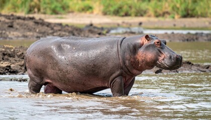 Fototapeta premium Hippopotamus in water: A colossal hippopotamus finds solace in cool, refreshing water, creating a harmonious blend of strength and tranquility in its natural habitat.