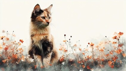 Cute cat sitting on the meadow with wild flowers, watercolor illustration style, soft colors,
