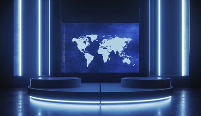 Futuristic,  illuminated  global  display.  Elevated  platforms  accentuate  a  world  map