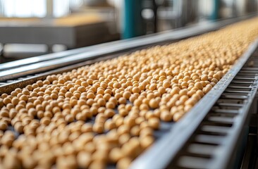 Fototapeta premium Soy beans on a conveyor belt in a food processing factory