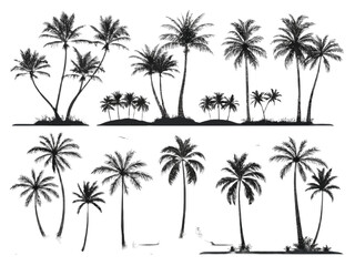 Obraz premium Silhouette illustration of various palm trees isolated on a white background in a tropical setting