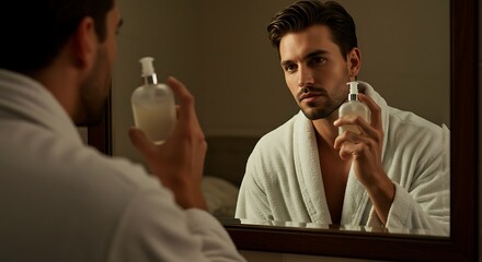 Man in robe using skincare product in bathroom mirror for grooming and self care routine at home spa day