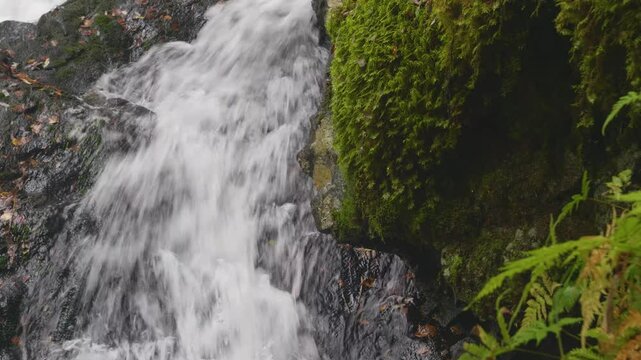 Aerial footage showing the majestic Belye Mosty Waterfall cascading down rugged cliffs with vibrant autumn trees surrounding the scene in Karelia, Russia.