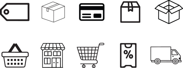 E-commerce Icon Set of Shopping Cart, Payment, Shipping, Discount Line Vector on White Background