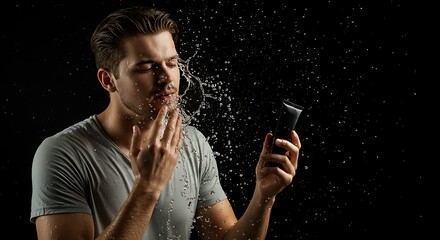 Man washing face with water and holding skincare product for grooming routine on black background