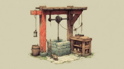 Fototapeta premium Vintage Well Scene with Wooden Structure and Stone Basin for Rustic Historical or Fantasy Set