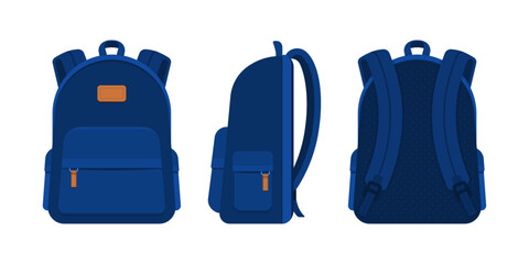Blue backpack in front, side, and back views. Back to school, education, travel, and urban lifestyle bag concept. Flat vector illustration isolated on white background © Artster
