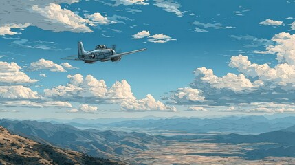 Vintage aircraft soaring through a serene sky with fluffy clouds and distant mountains