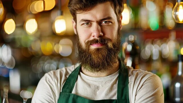 Barkeep's Determination: A bearded bartender stands confidently with crossed arms, radiating an air of professionalism and expertise, amidst the bustling backdrop of his well-stocked bar.