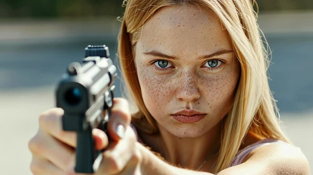 Focused Aim: A woman with a determined expression, holding a handgun, stares intently at the camera in a photorealistic shot that evokes strength, preparedness, and potential danger.