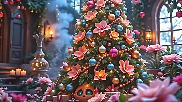 fantasy themed christmas tree with enchanted baubles, magical lights casting a holographic glow, whimsical garden setting with oversized flowers, a sense of wonder and imagination high resolution
