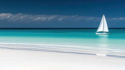 Obraz premium Sailboat on turquoise water and white sand beach serenity and escape