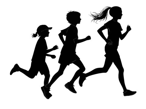 Three children in silhouette running side by side in a playful and energetic manner on a white background