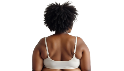 Plus size Afro-American woman showing bra from back view