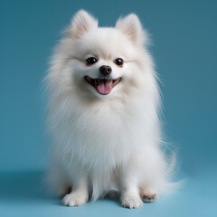 Obraz premium white Pomeranian dog portrait in blue studio background