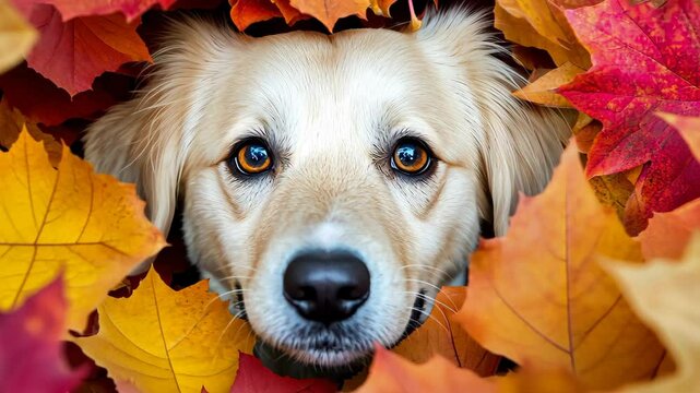 Dog in Autumn Leaves: An adorable canine, with captivating eyes, peers out from a vibrant tapestry of autumn leaves, embodying the joyful spirit of fall in a portrait.