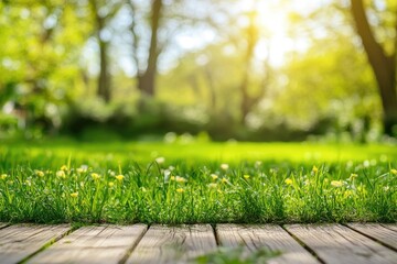 Obraz premium Fresh green grass, wooden planks, sunlight through trees
