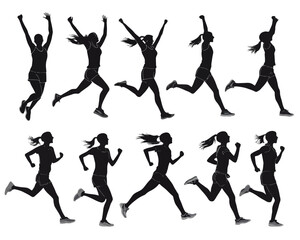 Silhouettes of woman in various running poses with arms raised and legs in motion on a white background