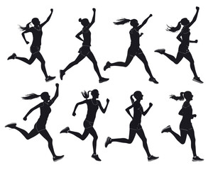 Silhouette illustration of eight women running in athletic wear with ponytails and raised arms in motion