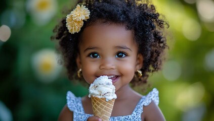 Happy girl eating ice cream outdoors.