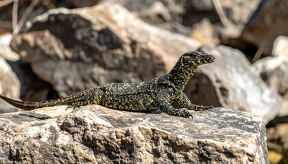 Fototapeta premium Sun-Kissed Lizard on Rocky Terrain: A captivating lizard basking in the sunlight on a rugged stone, its scales reflecting the natural beauty of its wild habitat, showcasing the beauty of wildlife.