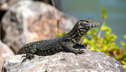 Fototapeta premium Lizard's Sunbath: A vibrant reptile basks on a rough rock, absorbing the warm rays of the sun with a serene, alert gaze. capturing detailed scales and natural habitat. 