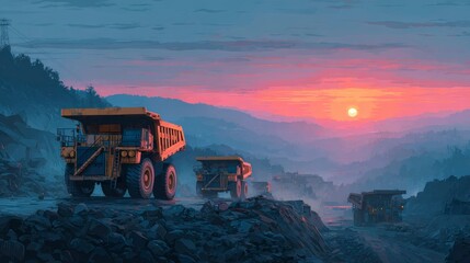 Fototapeta premium Sunset Over a Mining Site with Heavy Machinery and Vibrant Skies