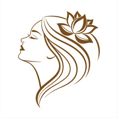 Elegant Woman Face with Lotus Flower and Flowing Hair – Beauty and Wellness Line Art Logo.