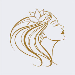 Elegant Woman Face with Lotus Flower and Flowing Hair – Beauty and Wellness Line Art Logo.