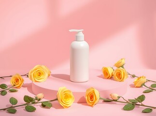 Spa Elegance: A sleek, white dispenser gracefully sits on a soft pink platform, encircled by radiant yellow roses, creating a scene of tranquil beauty and serene indulgence.
