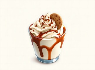 Delectable Dessert Delights: A mouthwatering ice cream sundae, a symphony of flavors and textures, features a swirl of creamy goodness adorned with cookie and drizzled with caramel sauce.