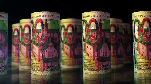 Belarus money Belarusian rubel rolls loop 3d. Camera moving in front of 100 BYN rolling banknotes. Seamless loopable concept of economy, finance, business and debt.