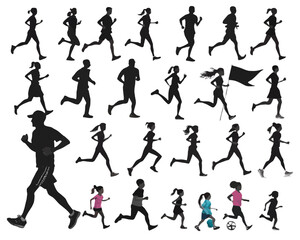 Silhouette illustration showing various people running including adults and children in different poses and styles