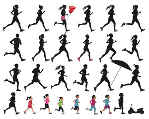 Diverse silhouettes of people running and jogging in various styles and ages on a white background scene