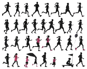 Silhouette illustration of group of people running and walking in various poses and activities outdoors