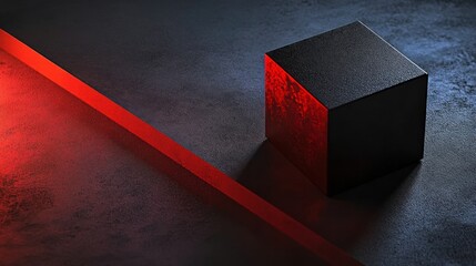 Black cube on red and black textured surface abstract geometric design background