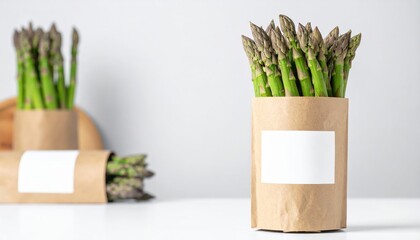 Fresh green asparagus in brown paper wrap on white table with cutting board