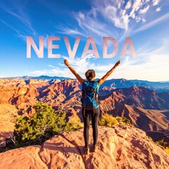 Obraz premium Young woman exploring nevada's stunning red rock canyons under clear blue sky