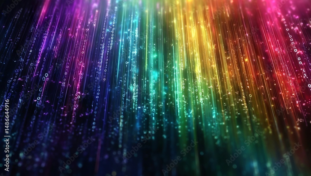 Wall mural rainbow data flowing through the air, binary code rain in background, digital abstract art,