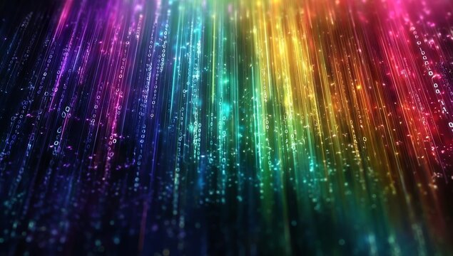rainbow data flowing through the air, binary code rain in background, digital abstract art,