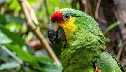Vibrant Parrot in Jungle Habitat: A captivating close-up of a colorful parrot, showcasing its vivid plumage, perched amidst the lush greenery of a tropical jungle.