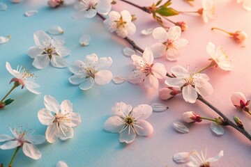 Isolated Japanese cherry blossom with delicate pink petals on soft muted beige background