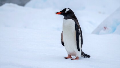 Naklejka premium Antarctic Majesty: A regal gentoo penguin stands proudly on a vast snowscape, its striking features and the frozen expanse creating a scene of stark, icy beauty.