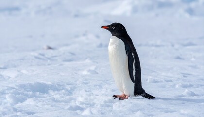 Naklejka premium Penguin in the Snow: A solitary penguin stands in the snow, its distinctive black and white plumage contrasting against the serene, icy landscape. the stark beauty of Antarctica.