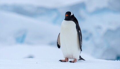 Gentoo Penguin in Icy Landscape: A portrait of a Gentoo penguin standing alone on the snowy landscape, gazing towards the horizon with the icy environment in background.