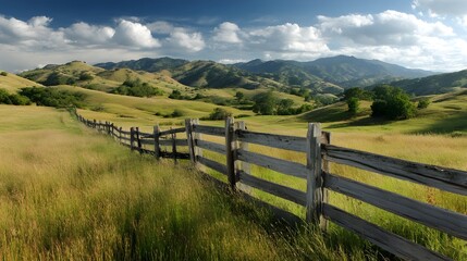 Obraz premium Rustic Country Style Fence Complements Rolling Hills Landscape Evoking Serene Pastoral Views And Outdoor Charm