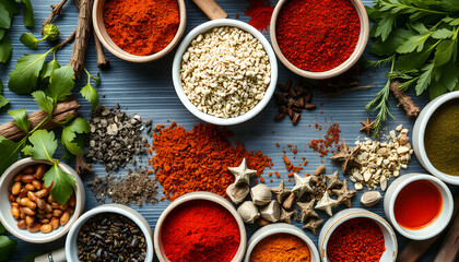 Assorted aromatic spices and fresh herbs as a vibrant backdrop. Brightly hued condiments in small bowls, overhead perspective., vintage. with white shades