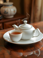 Fototapeta premium Elegant porcelain teapot with steaming cups of tea in a warm, inviting setting. Perfect for a cozy and calm tea time ambiance.