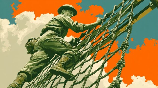 Soldier Climbing Rope Ladder Under Dramatic Sky Military Training Exercise Physical Fitness