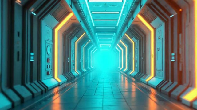 Turquoise and Orange Endless Sci-Fi Corridor with Neon Lighting Background Vj Loop I 4K
